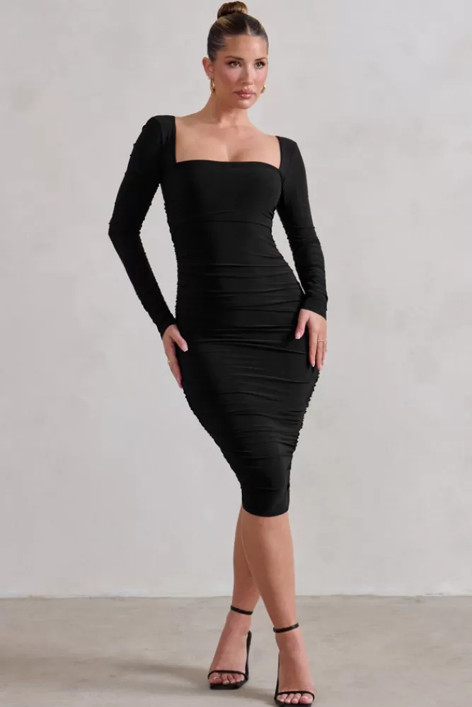 Club L London Seductress | Long Sleeve Square Neck Ruched Midi Dress Black Cheap