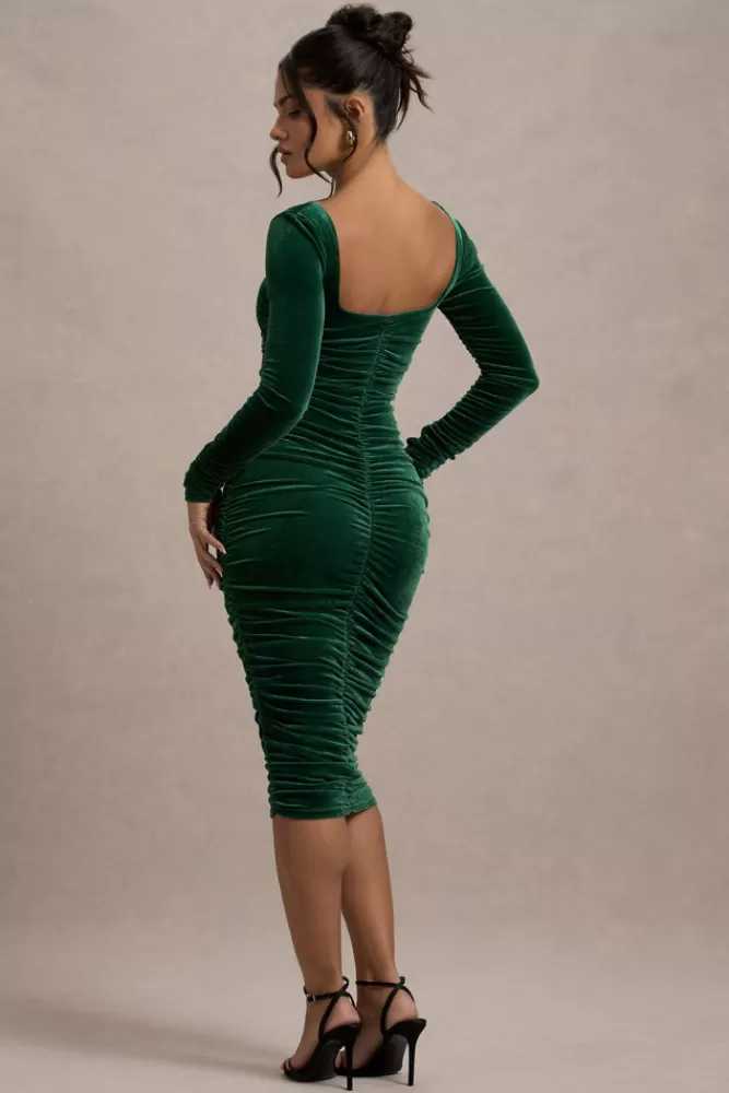 Club L London Seductress | Bottle Green Velvet Square Neck Bodycon Midi Dress With Long Sleeves Bottlegreen Best
