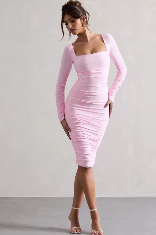 Club L London Seductress | Pink Long Sleeve Square Neck Ruched Midi Dress PINKTULLE Outlet