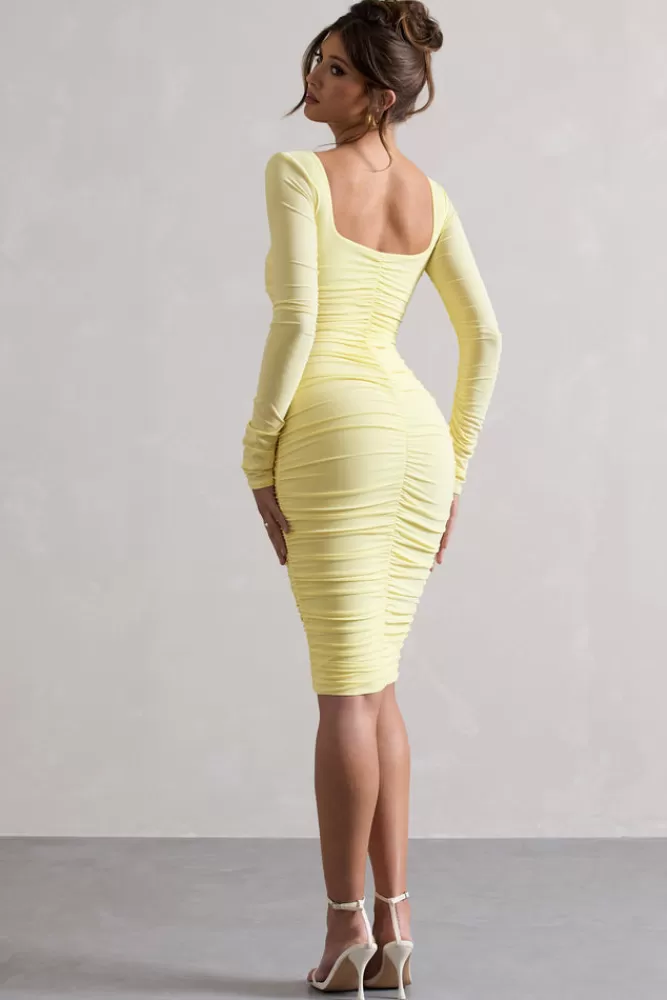 Club L London Seductress | Yellow Long Sleeve Square Neck Ruched Midi Dress DUCKLING Fashion