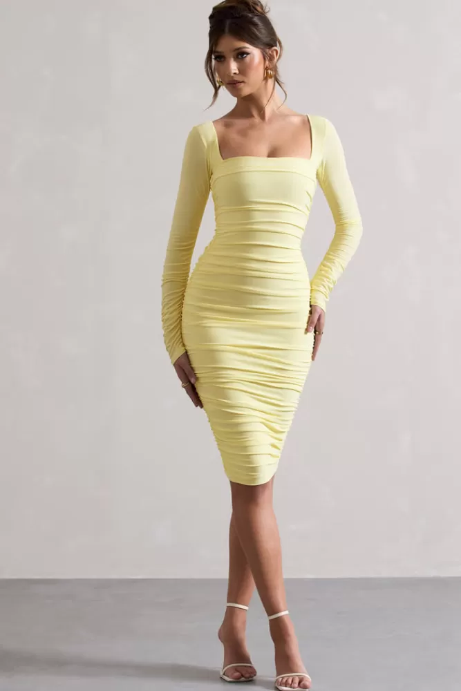 Club L London Seductress | Yellow Long Sleeve Square Neck Ruched Midi Dress DUCKLING Fashion