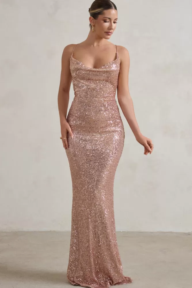 Club L London Seeing Stars | Cowl Cami Sequin Maxi Dress With Waist Tie CHAMPAGNE Online