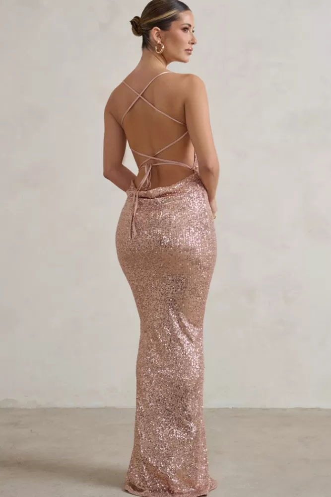 Club L London Seeing Stars | Cowl Cami Sequin Maxi Dress With Waist Tie CHAMPAGNE Online