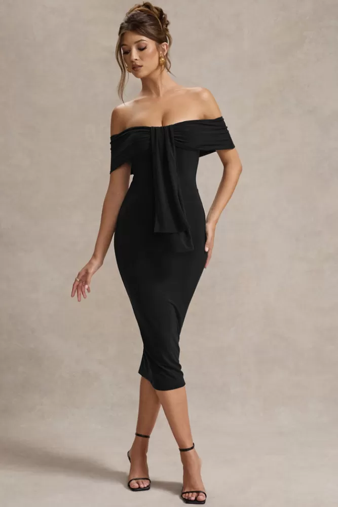 Club L London Selbie | Bardot Midi Dress With Drape BLACK Online