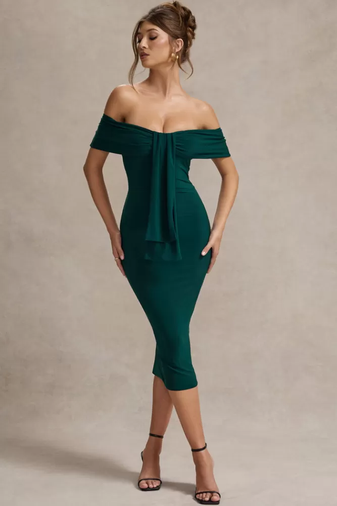 Club L London Selbie | Bottle Green Bardot Midi Dress With Drape bottlegreen New