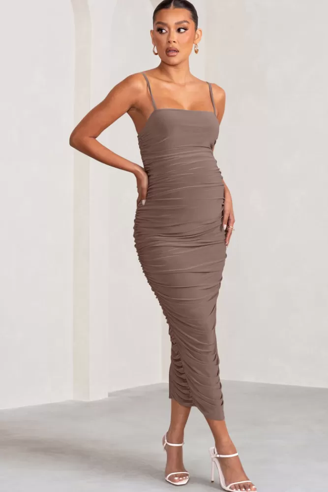 Club L London Sentimental | Maternity Midi Dress with Cami Straps and Ruching MOCHA Store