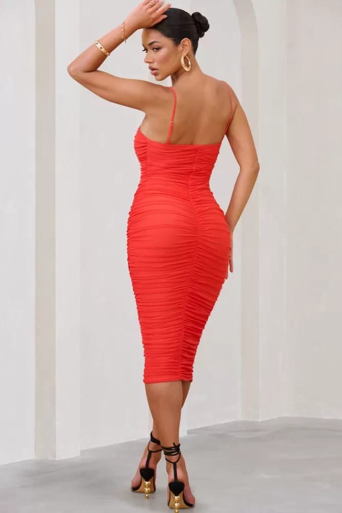 Club L London Sentimental | Ruched Mesh Cami Midi Dress ORANGE Sale