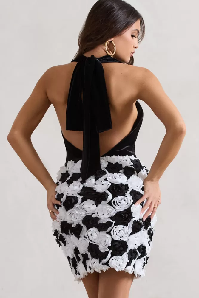 Club L London Serenade | u0026 White Plunge Halter-Neck Mini Dress With Flowers BLACK Sale