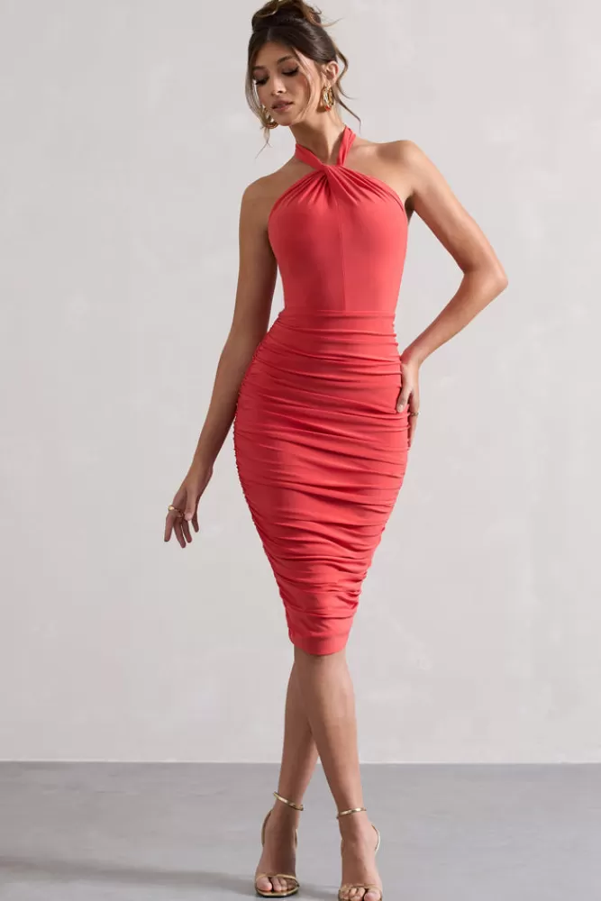 Club L London Serendipity | Coral Halter Neck Knot Midi Dress SPICEDCORAL Sale