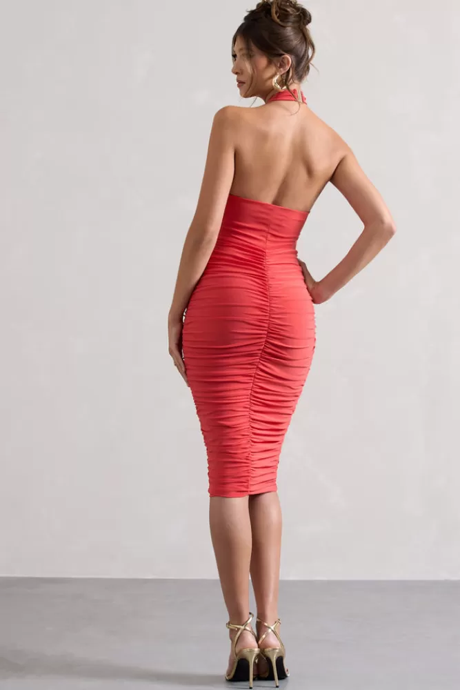 Club L London Serendipity | Coral Halter Neck Knot Midi Dress SPICEDCORAL Sale