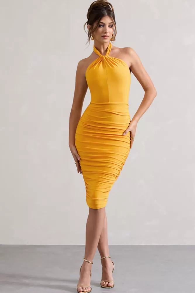 Club L London Serendipity | Mango Halter Neck Knot Midi Dress MANGOYELLOW Fashion