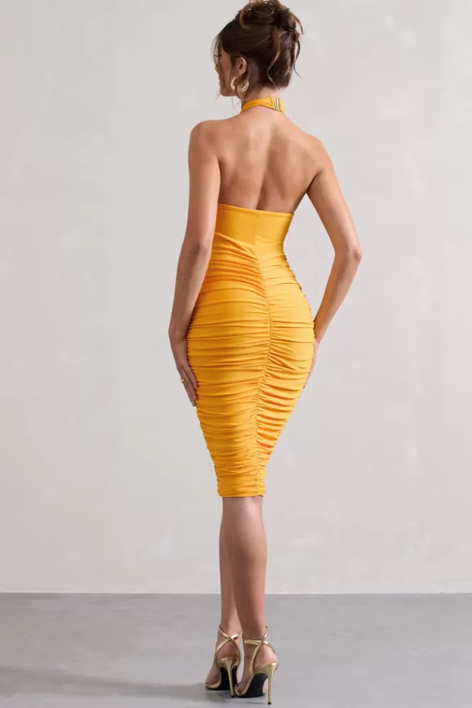 Club L London Serendipity | Mango Halter Neck Knot Midi Dress MANGOYELLOW Fashion