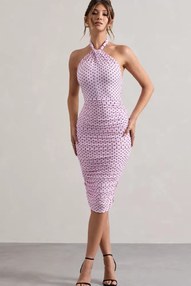 Club L London Serendipity | Pink Polka Dot Halter Neck Ruched Midi Dress PINKPOLKA Clearance