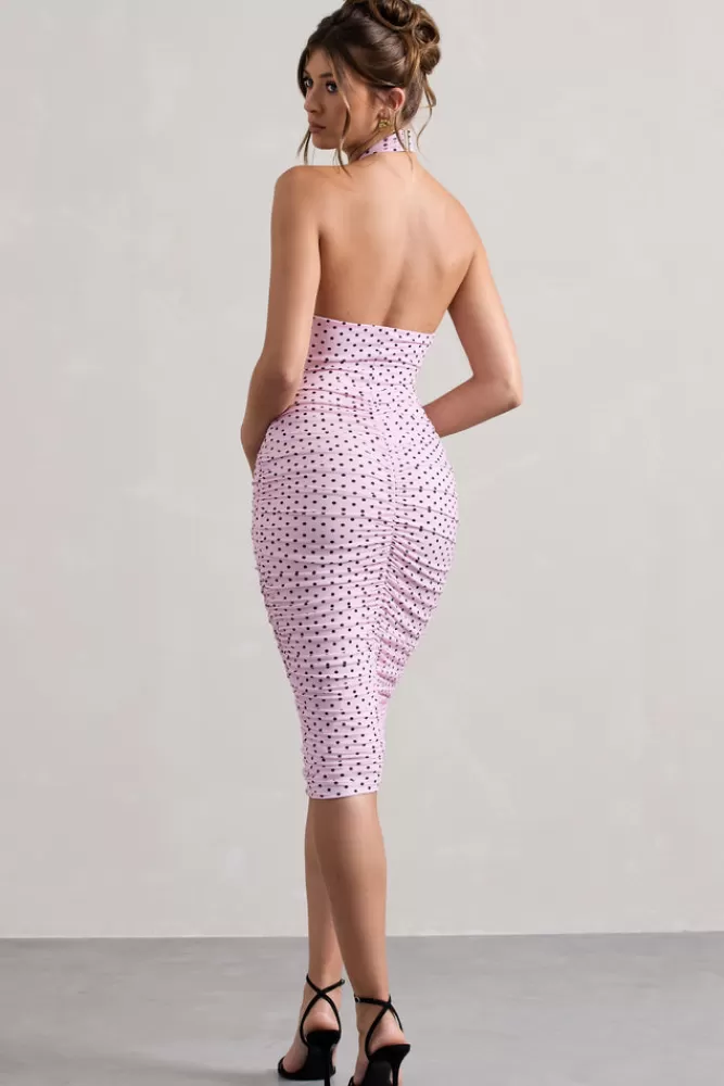 Club L London Serendipity | Pink Polka Dot Halter Neck Ruched Midi Dress PINKPOLKA Clearance