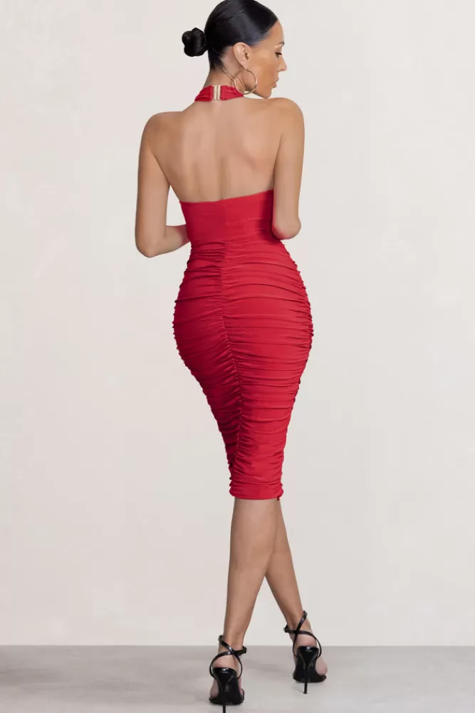 Club L London Serendipity | Halter Neck Knot Midi Dress Red Clearance