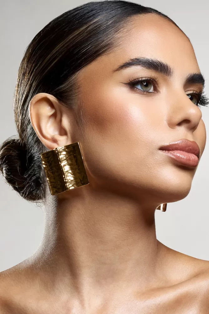 Club L London Serengeti | Hammered Square Statement Earrings GOLD Flash Sale