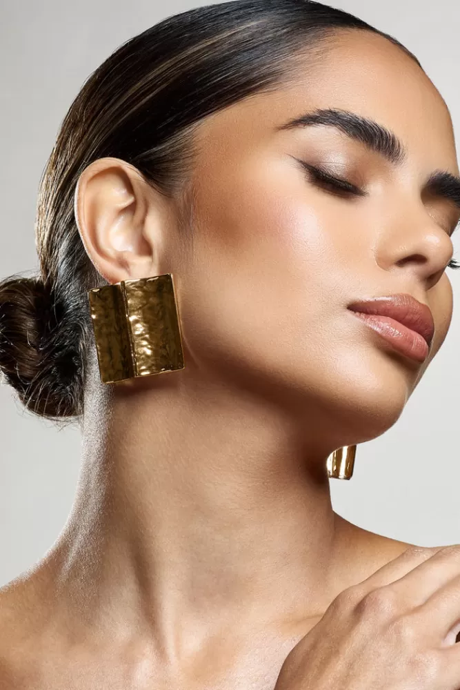 Club L London Serengeti | Hammered Square Statement Earrings GOLD Flash Sale