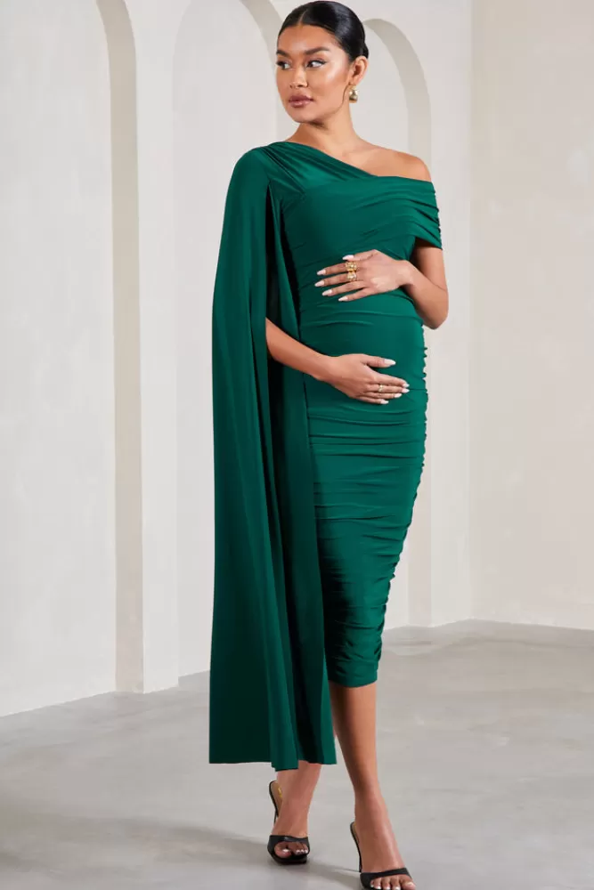 Club L London Serenity | Bottle Green Ruched Asymmetric Maternity Midi Dress With Cape BOTTLEGREEN Hot