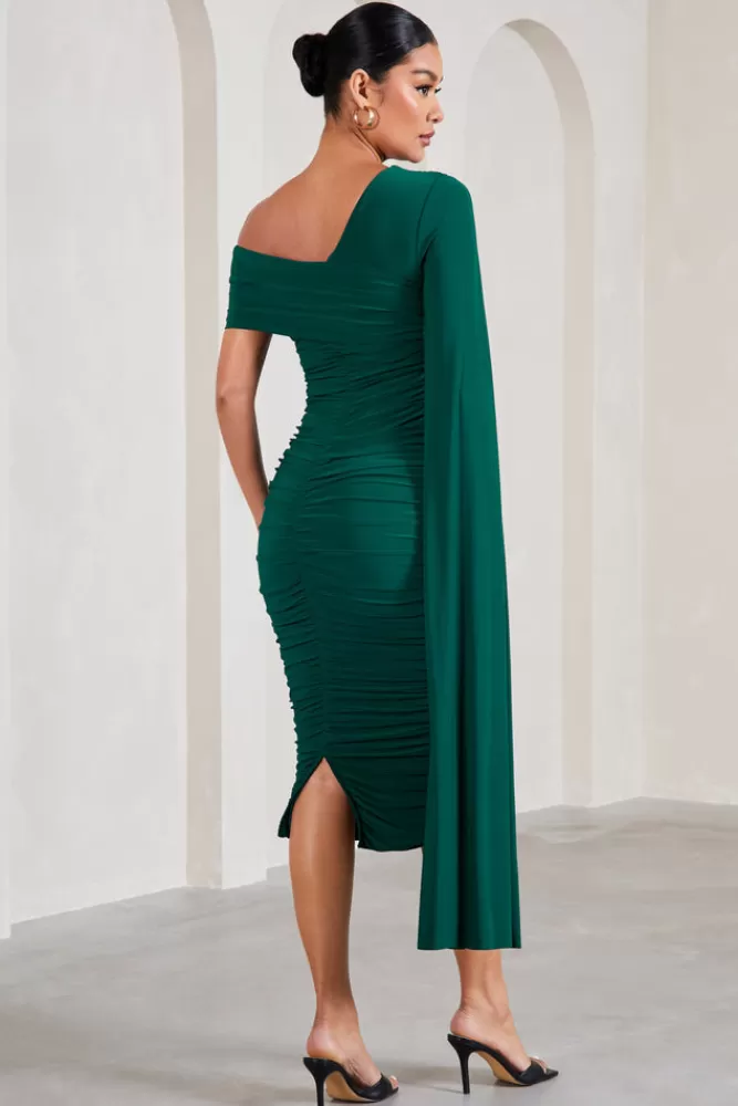 Club L London Serenity | Bottle Green Ruched Asymmetric Maternity Midi Dress With Cape BOTTLEGREEN Hot