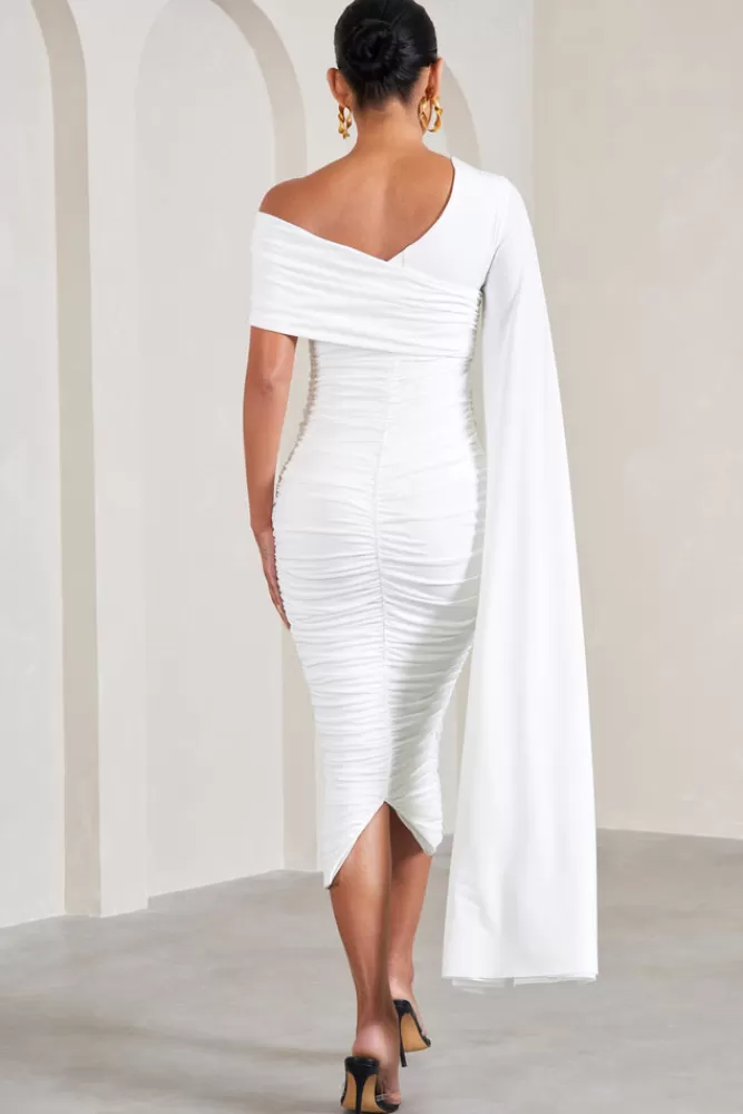 Club L London Serenity | Ruched Asymmetric Maternity Midi Dress With Cape WHITE Shop