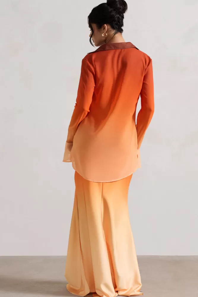 Club L London Serita | Orange Ombre Satin Split Maxi Skirt ORANGEOMBRE Fashion