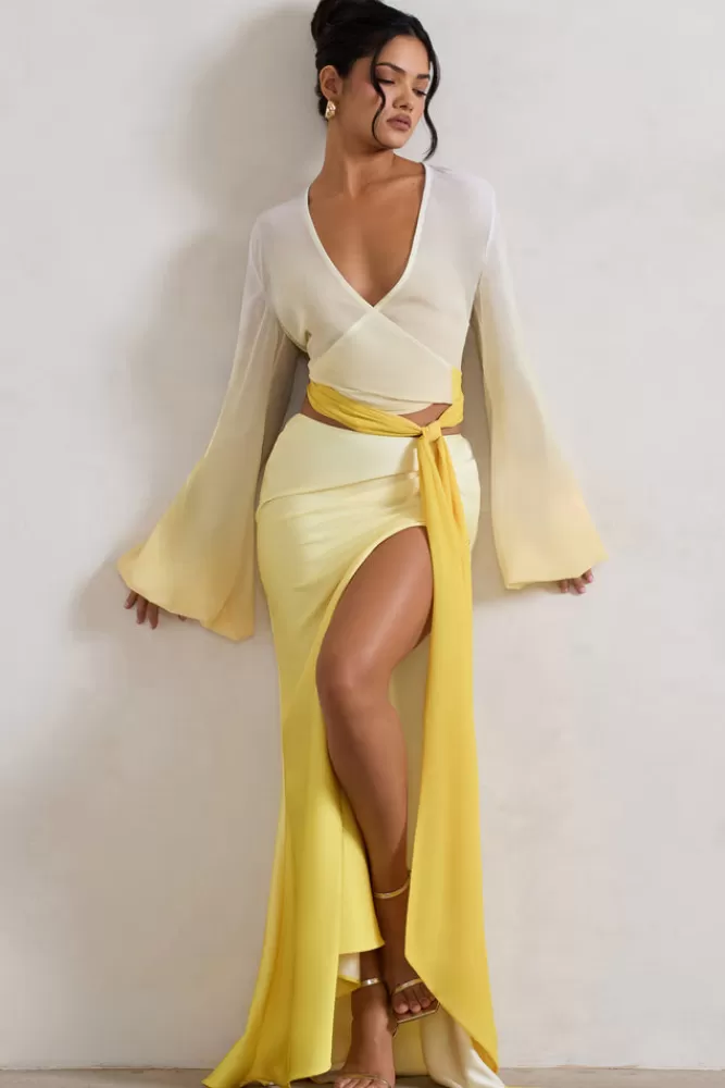 Club L London Serita | Yellow Ombre Satin Split Maxi Skirt YELLOWOMBRE Discount