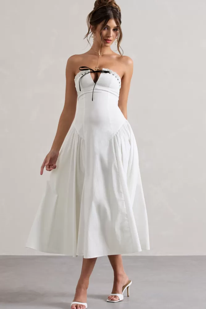 Club L London Serrenti | Poplin Strapless Lace Detail Midi Dress With Volume Skirt WHITE Best