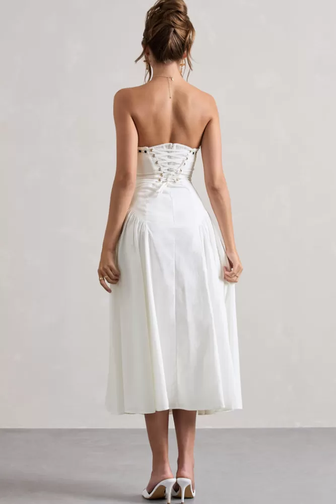 Club L London Serrenti | Poplin Strapless Lace Detail Midi Dress With Volume Skirt WHITE Best