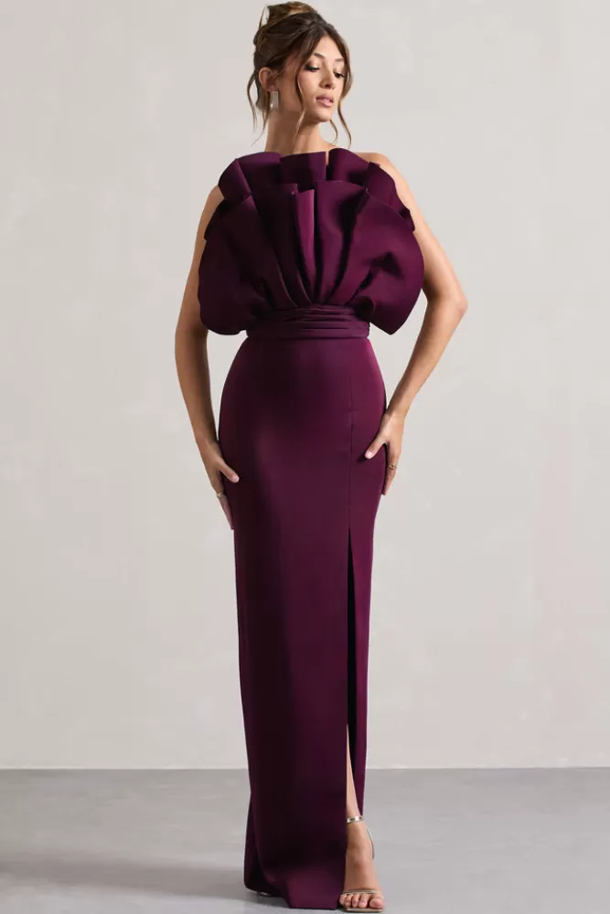 Club L London Set The Bar | Ruffled Strapless Split Maxi Dress PLUM Clearance