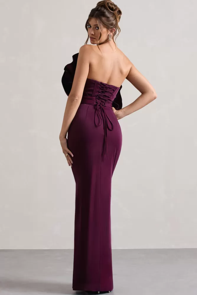 Club L London Set The Bar | Ruffled Strapless Split Maxi Dress PLUM Clearance