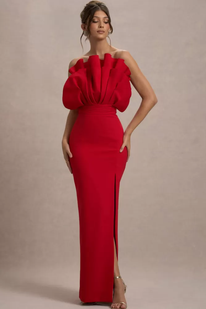 Club L London Set The Bar | Ruffled Strapless Split Maxi Dress RED Online