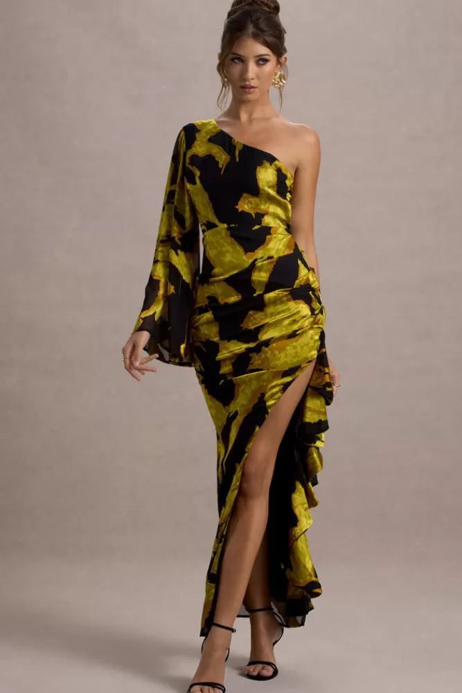Club L London Sevilla | Mustard Print Satin Jacquard One Sleeve Ruffled Split Maxi Dress ABSTRACTPRINT Online