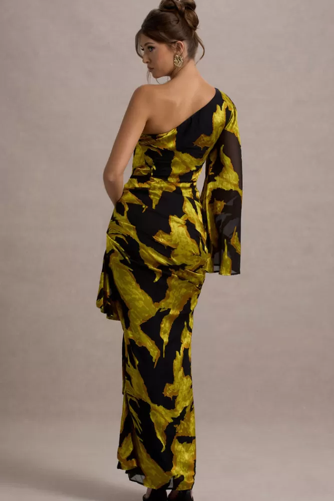 Club L London Sevilla | Mustard Print Satin Jacquard One Sleeve Ruffled Split Maxi Dress ABSTRACTPRINT Online