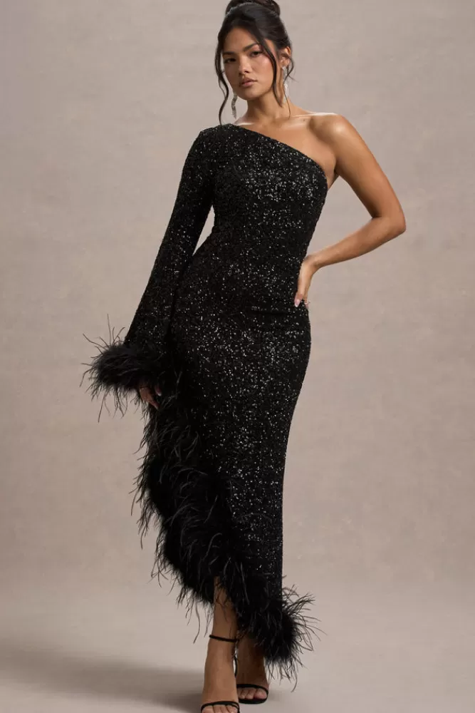 Club L London Shadow | Sequin One-Shoulder Feather Trim Maxi Dress BLACK Outlet