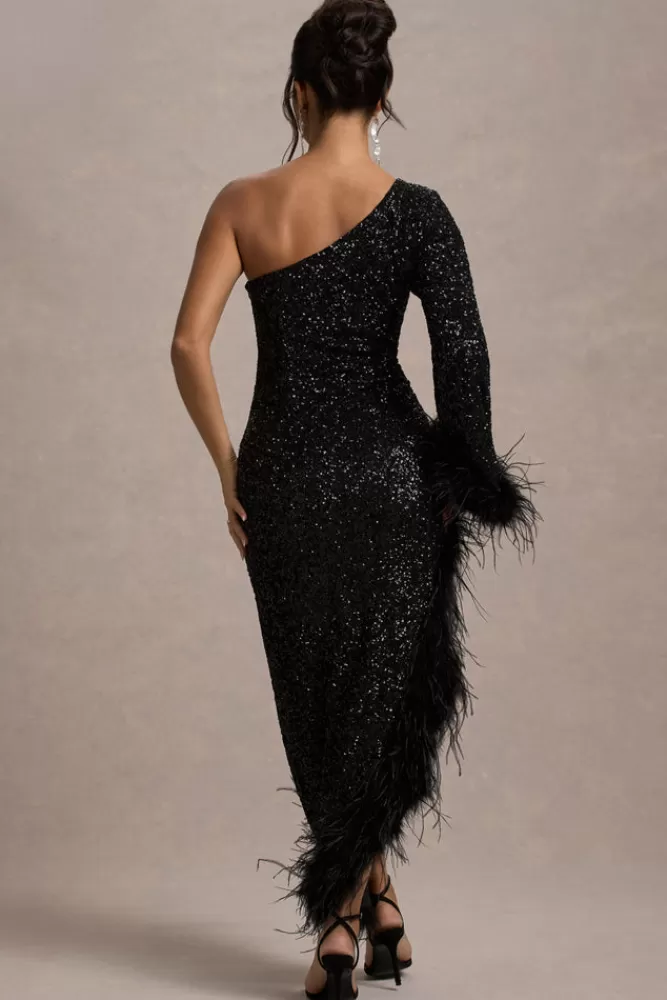 Club L London Shadow | Sequin One-Shoulder Feather Trim Maxi Dress BLACK Outlet