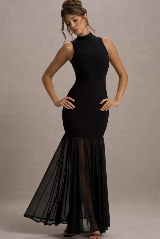 Club L London Shae | High-Neck Maxi Dress With Sheer Skirt black Best Sale