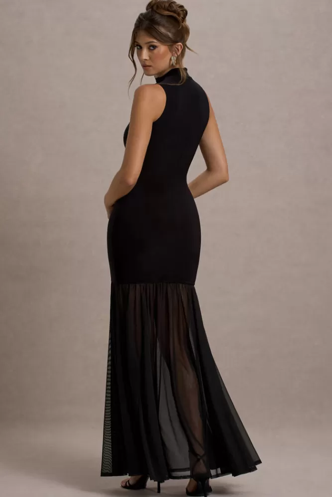 Club L London Shae | High-Neck Maxi Dress With Sheer Skirt black Best Sale