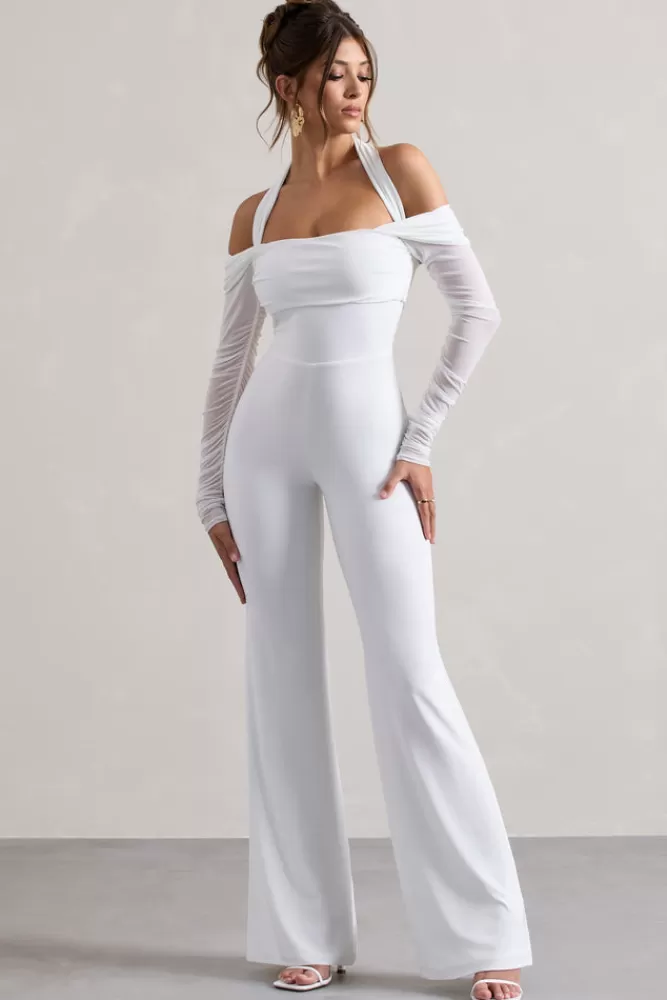 Club L London Shannon | Ruched Halter-Neck Flared-Leg Jumpsuit WHITE Online