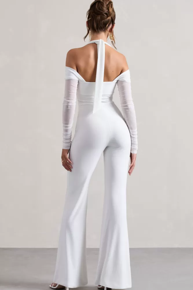 Club L London Shannon | Ruched Halter-Neck Flared-Leg Jumpsuit WHITE Online