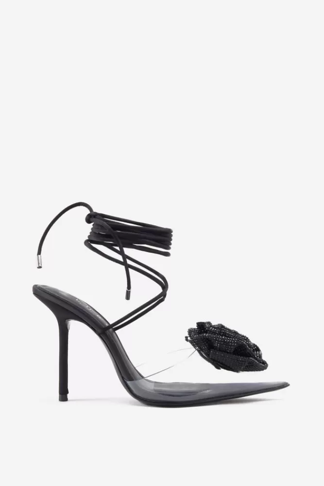 Club L London Sharpened | Lace-Up Clear Stiletto Heels With Diamante Flowers BLACK Best Sale