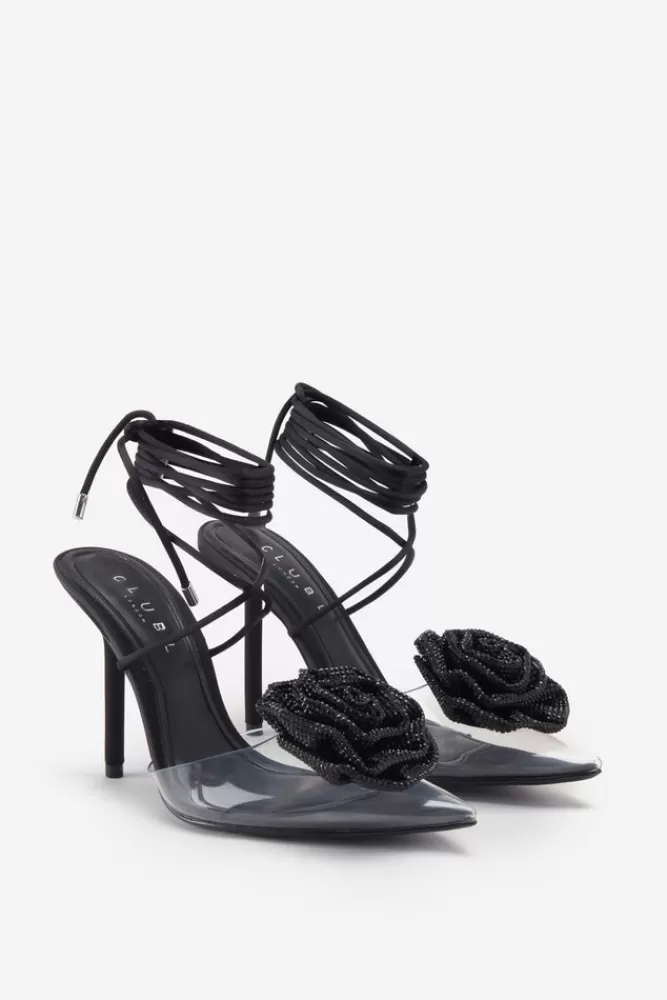 Club L London Sharpened | Lace-Up Clear Stiletto Heels With Diamante Flowers BLACK Best Sale