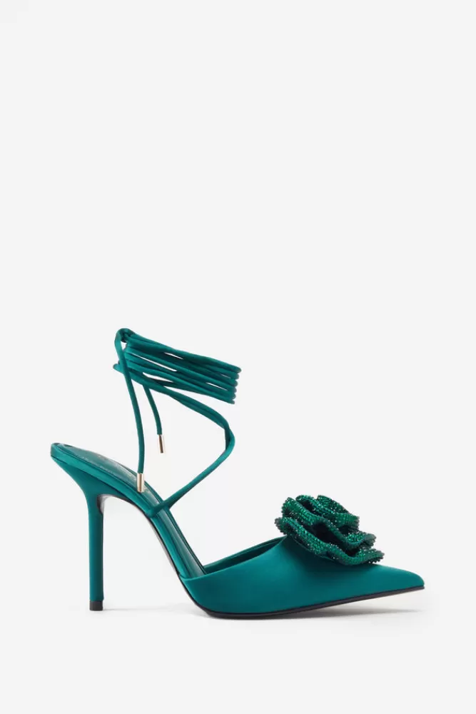 Club L London Sharpened | Green Lace-Up Stiletto Heels With Diamante Flowers BOTTLEGREEN Best