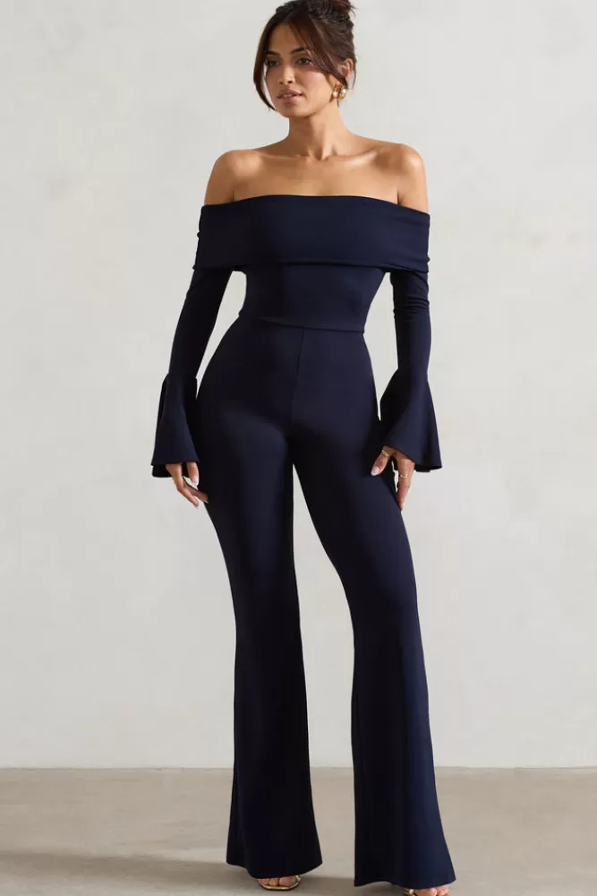 Club L London Shauna | Bardot Long-Sleeve Flared Jumpsuit NAVY Online