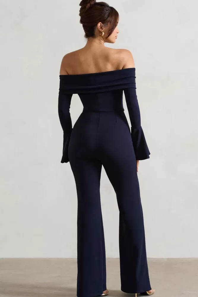 Club L London Shauna | Bardot Long-Sleeve Flared Jumpsuit NAVY Online