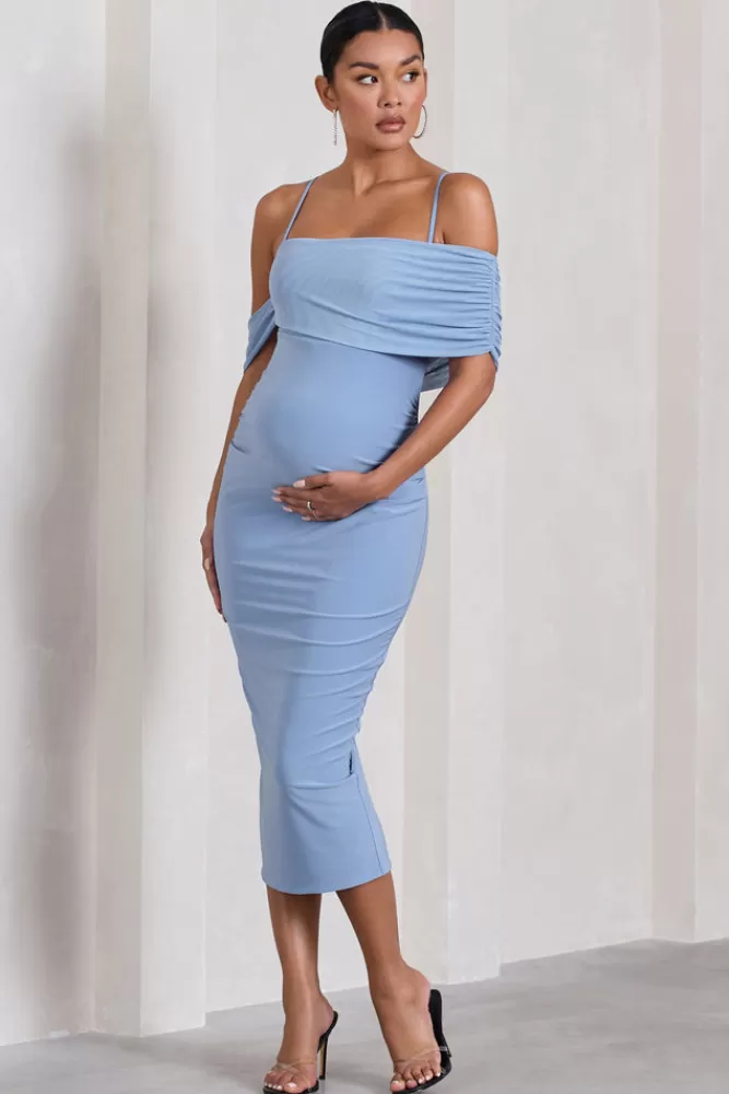 Club L London Shelby | Powder Blue Mesh Bardot Strappy Maternity Midi Dress POWDERBLUE Cheap