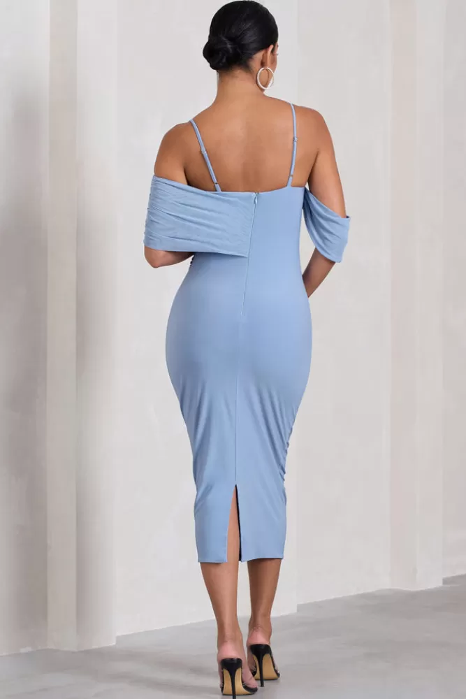 Club L London Shelby | Powder Blue Mesh Bardot Strappy Maternity Midi Dress POWDERBLUE Cheap