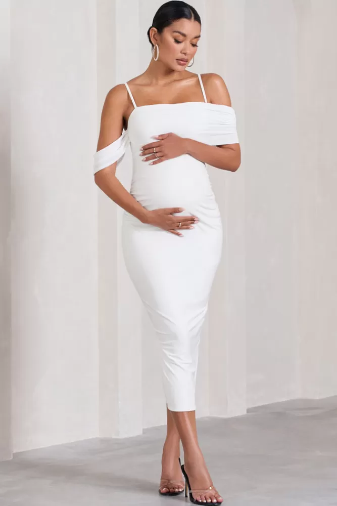 Club L London Shelby | Mesh Bardot Strappy Maternity Midi Dress WHITE Best Sale