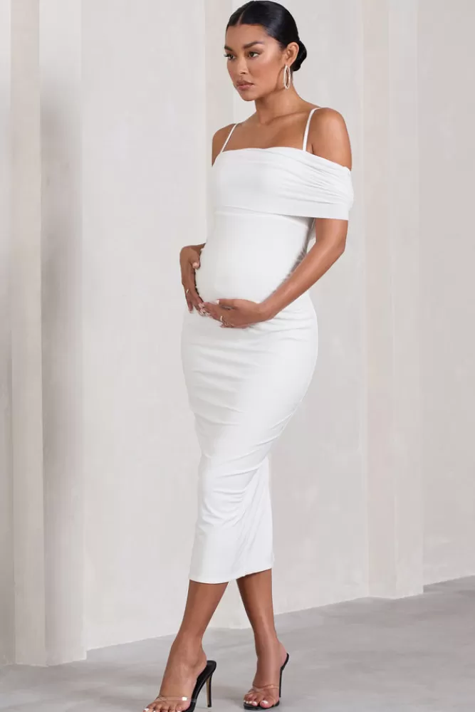 Club L London Shelby | Mesh Bardot Strappy Maternity Midi Dress WHITE Best Sale