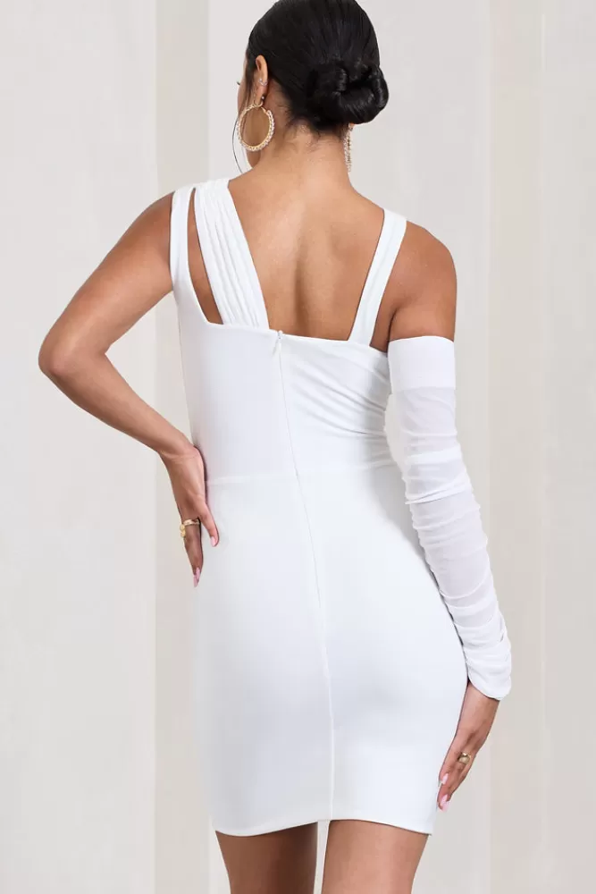 Club L London She's Electric | One Shoulder Ruched Mesh Mini Dress WHITE Store