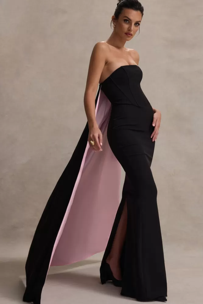 Club L London She's Trouble | Black Bandeau Maxi Dress With Pink Cape BLACKANDPINK Sale